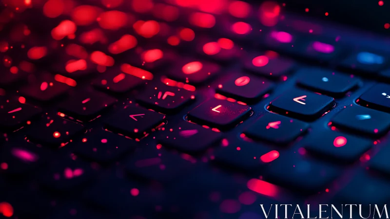 Glowing keyboard keys under neon red cyber light effects.