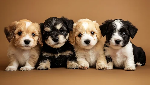 Studio portrait of four multicolored puppies on tan backdrop.