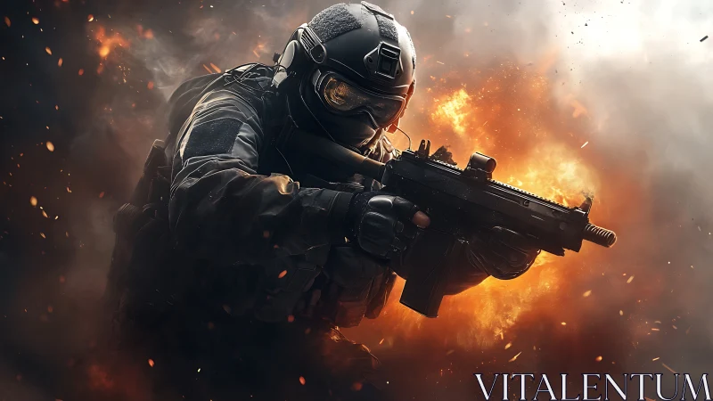 Tactical soldier charges forward through explosive battlefield fire