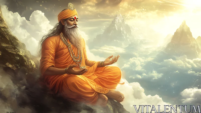 Hermit yogi in saffron robes meditating above cloud-layer peaks