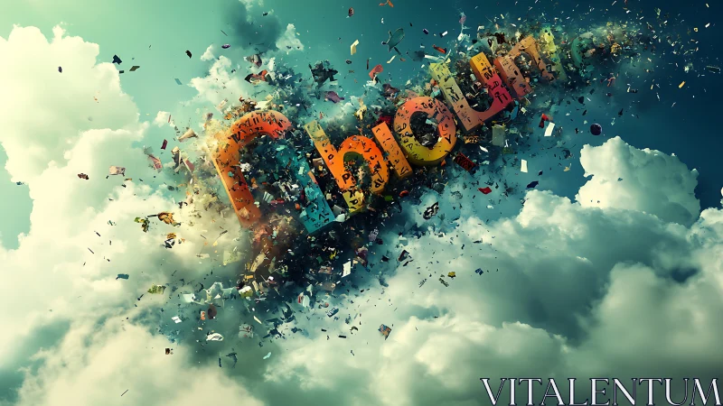 Fragmenting multicolored text form suspended in cloudy sky.