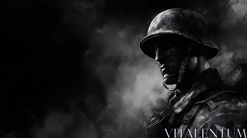 Steel shadow soldier emerging from war-torn smoke.