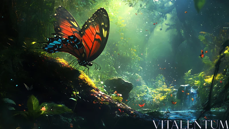 Large butterfly in dense forest clearing with waterfall.