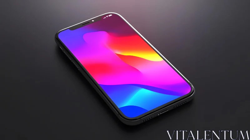 Modern smartphone with vibrant abstract wallpaper on dark surface.