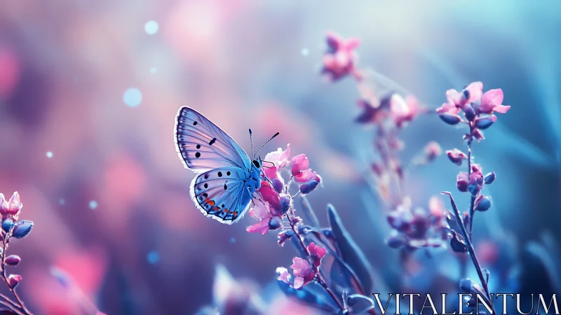 Moonlit blue butterfly sipping magic from pastel blooms.