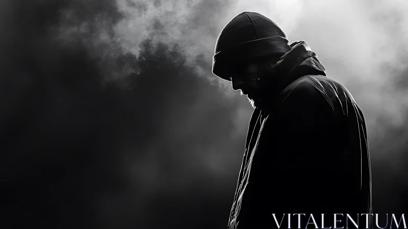 Silhouetted hooded figure stands in swirling winter mist