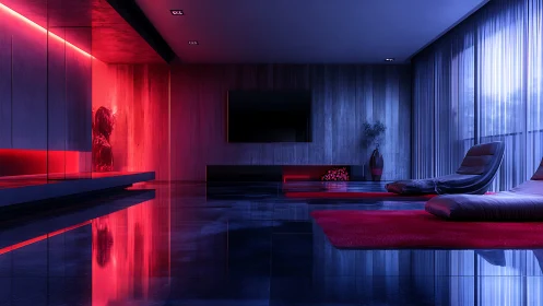 Neon-lit minimalist lounge in dramatic red and blue glow.