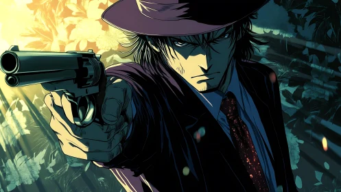 Hard-lit anime gunman extends revolver toward viewer