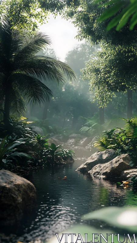 Sunlit rainforest stream winds through mossed boulders.