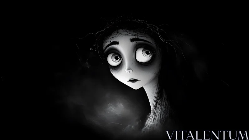 Haunted-eyed gothic girl in stark monochrome void.
