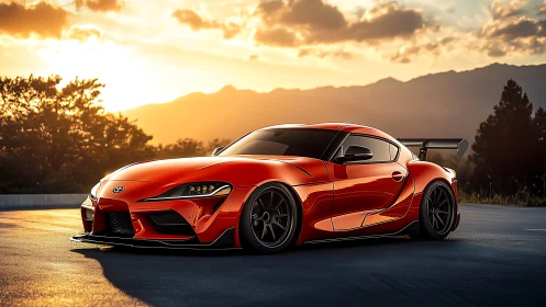 Modified orange sports coupe glows in dramatic sunset light.