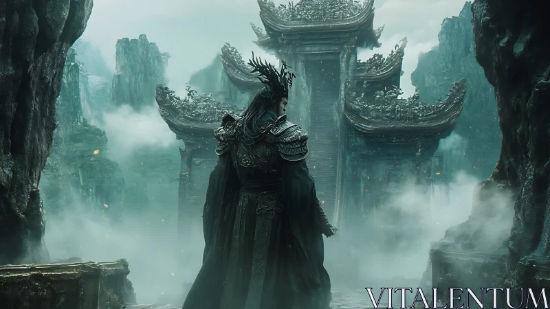 Armored figure stands before ornate mountain temple gate