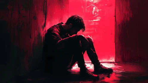 Silhouetted man sits against red lit wall in isolation