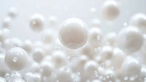Suspended glossy white spheres with translucent droplets field
