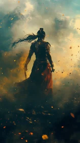 Warrior figure in smoke and embers on dark battlefield.