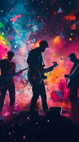 Digital painting of rock band silhouettes in vibrant color storm.