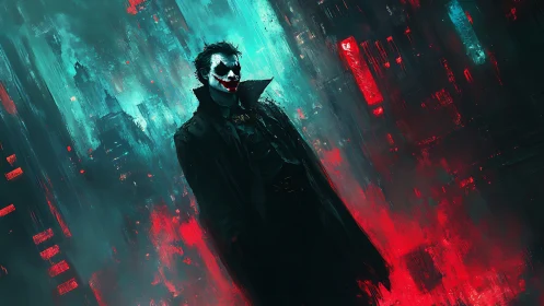 Clown-masked figure in abstract neon urban environment.