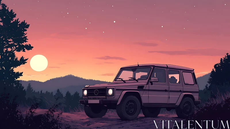 Boxy SUV parked under pastel sunset sky in hills.