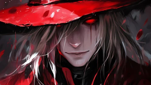 Enigmatic vampire in crimson hat smiles through bloody shadows