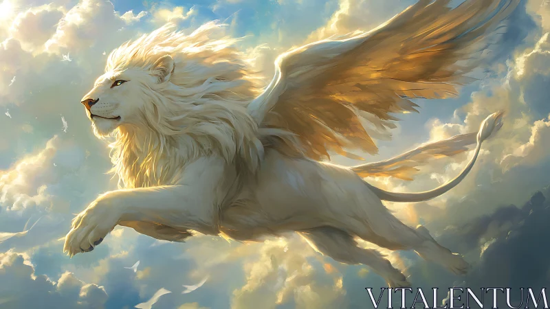 Winged white lion soars through radiant stormlit sky