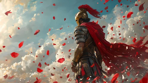 Lone armored warrior stands beneath storm of crimson petals