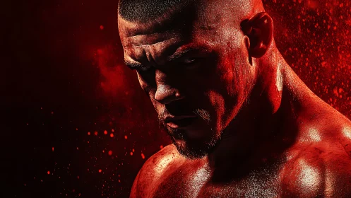 Muscular male figure lit by directional red dramatic lighting