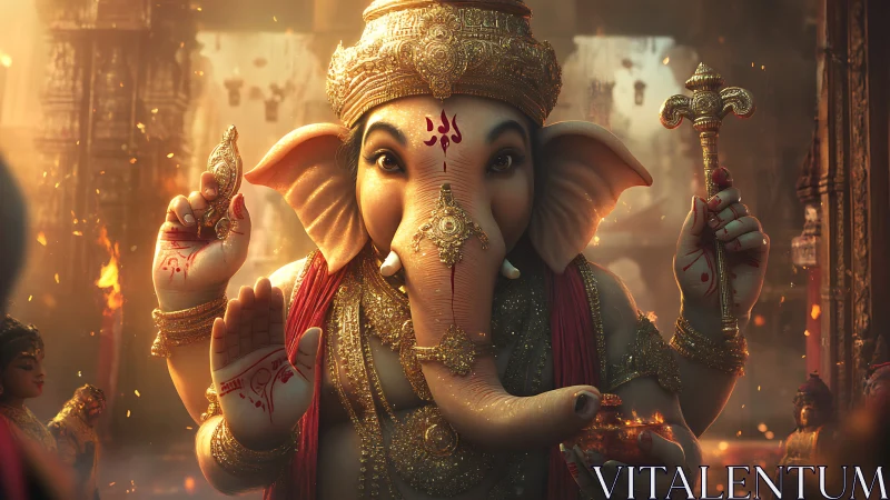 Highly detailed Ganesha idol with ornate gold adornments and warm volumetric light