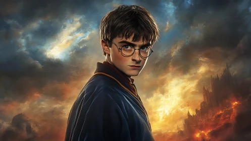 Young wizard stands against fiery storm over dark citadel.