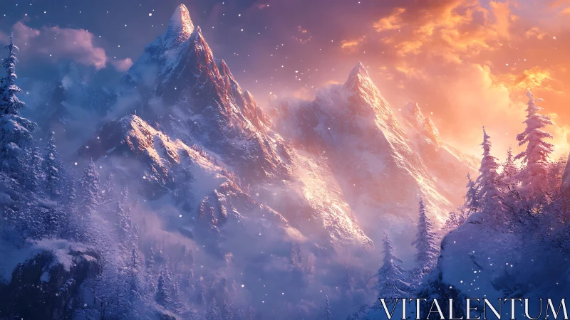 Winter mountain peaks under blazing sunset sky glow.
