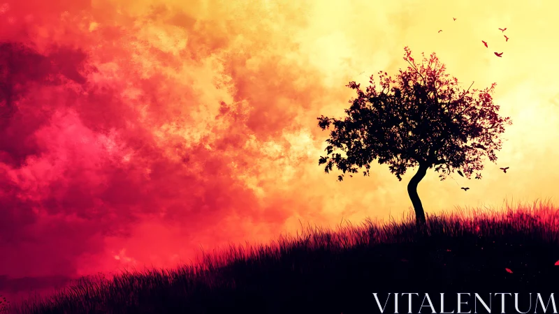 Solitary silhouetted tree against high-saturation sunset gradient sky