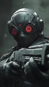 Armored cyber soldier aims rifle with glowing red optics
