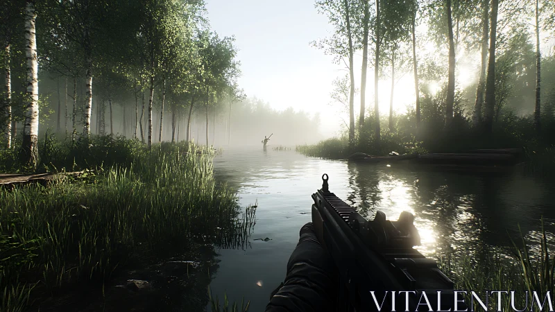 First-Person Tactical Engagement in Misty Riverine Environment.