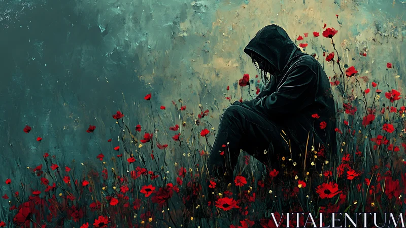Solitary hooded figure rendered amid high-contrast red poppy field