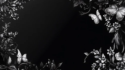 Monochrome floral border with butterflies on black field.