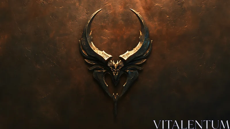 Metallic horned emblem on textured dark bronze wall.