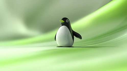Cute Cartoon Penguin on Smooth Green Abstract Background.