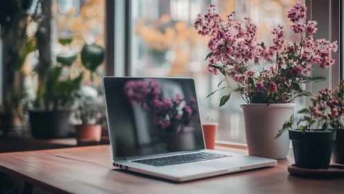 Minimalist laptop workspace framed by potted pink flowers.