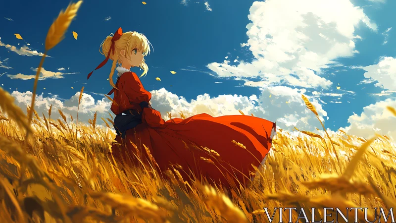 Anime girl in red dress resting in golden wheat field.