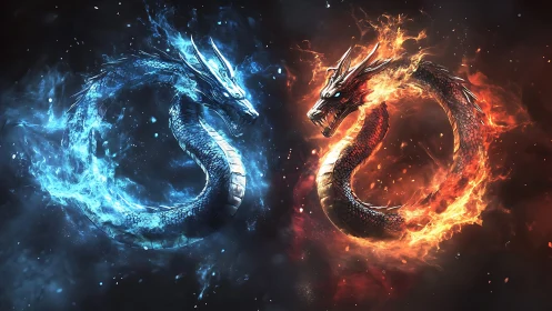 Elemental ouroboros dragons in mirrored circular formation.