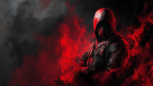 Mysterious hooded warrior surrounded by vivid red smoke.