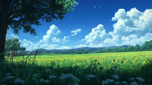 Sunlit rural sunflower meadow under towering cumulus skies