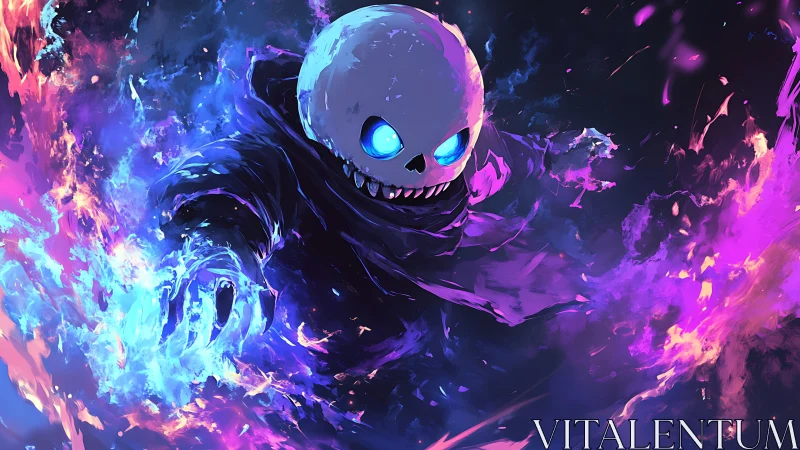 Glow-eyed skeleton mage dancing through neon flames.