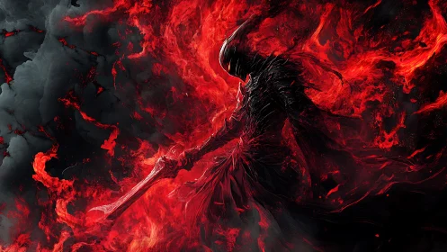 Flaming armored warrior silhouette holds sword amid red fire