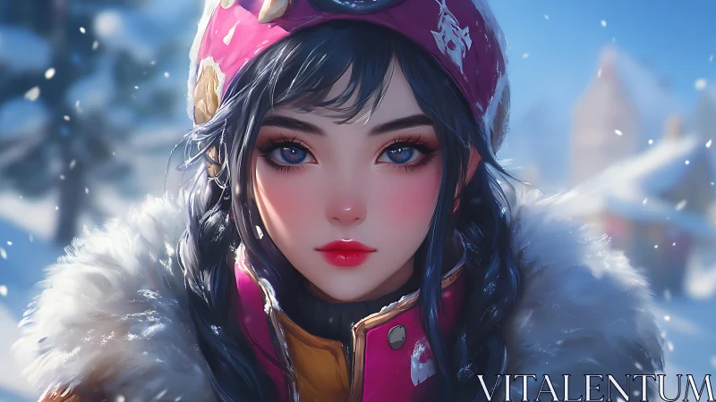 Snowy mountain girl gazes ahead with vivid blue eyes.