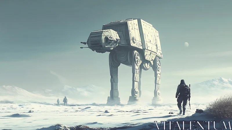 Colossal walker crossing frozen plain under pale alien sky.