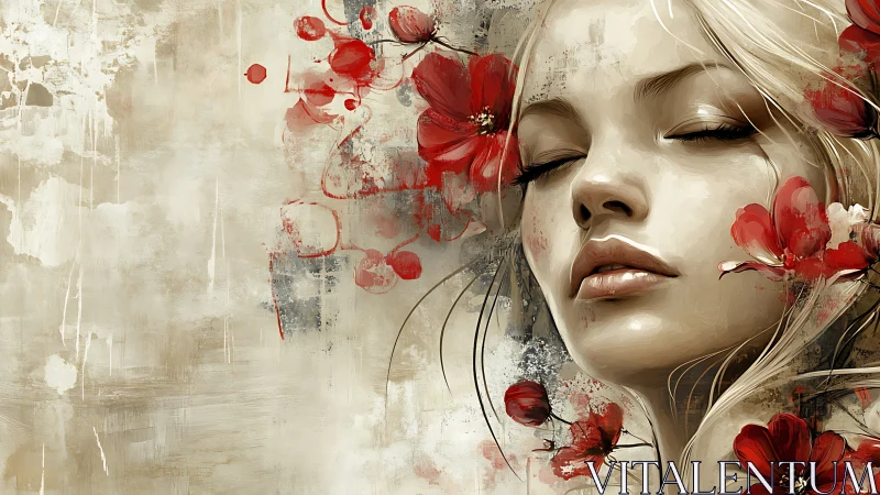 Female portrait with red flowers on textured abstract ground.