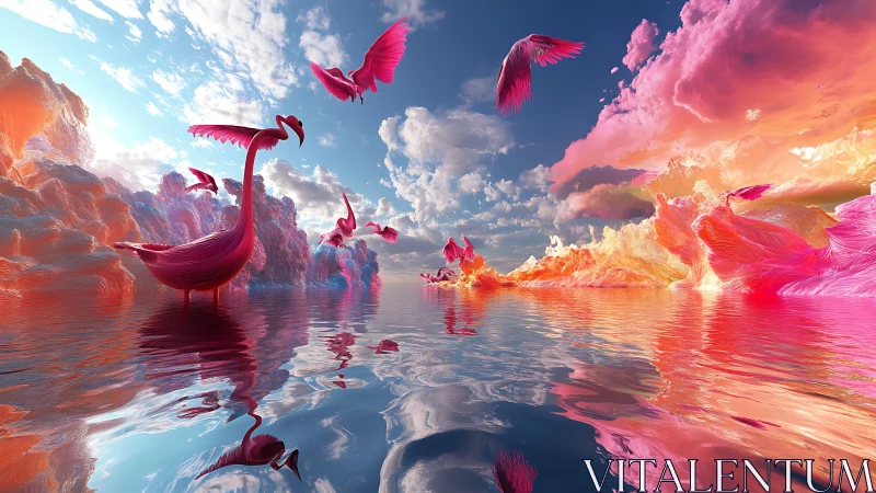 Surreal pink bird forms over reflective water under clouds.