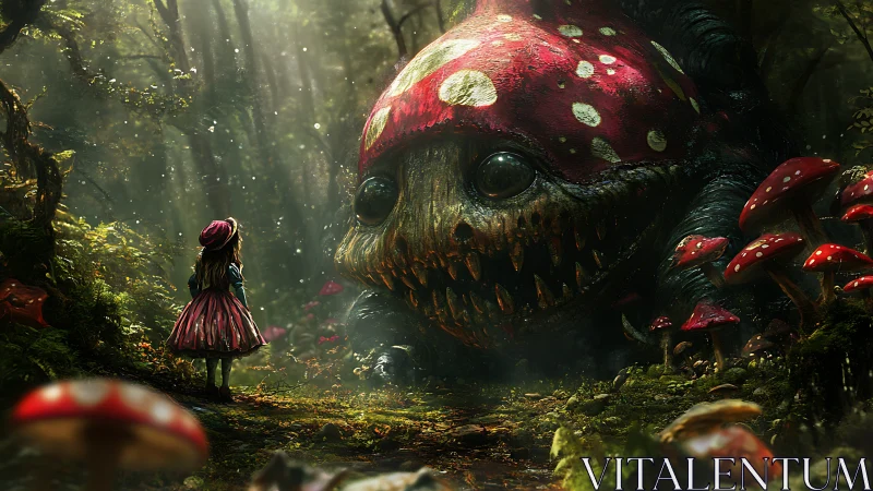 Girl confronts monstrous mushroom creature in enchanted forest.