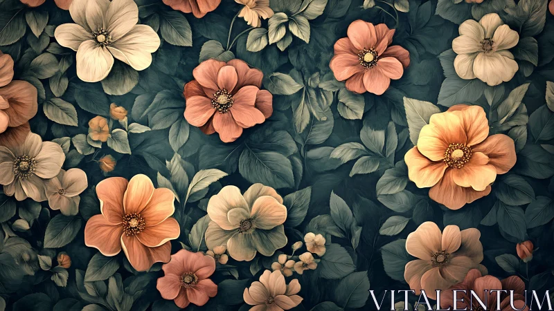 Digital botanical illustration featuring peach and cream flowers with layered petals