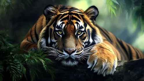 Calm jungle tiger resting softly in dappled forest light.